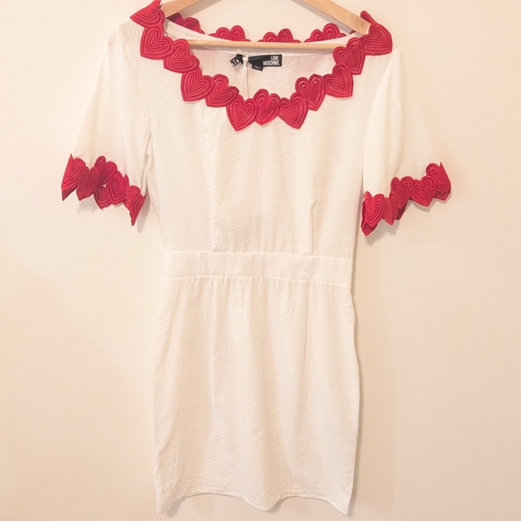 Love Moschino Dresses & Skirts - Love Moschino White Shift Mini Dress with Red Heart Neckline Size 2